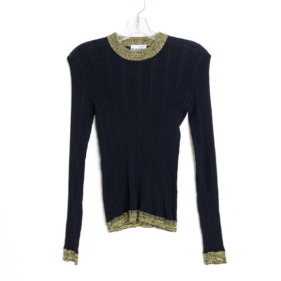 GANNI Ribbed Cotton Blend Sweater Black Metallic Contrast Trim - Picture 3 of 11